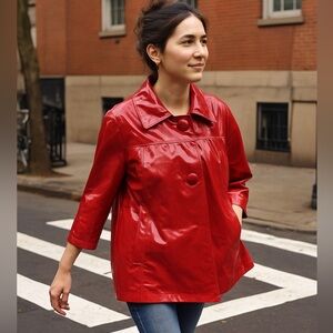 Glossy Red PVC Swing Jacket w/ Half Sleeves & Button Front, Boxy Fit